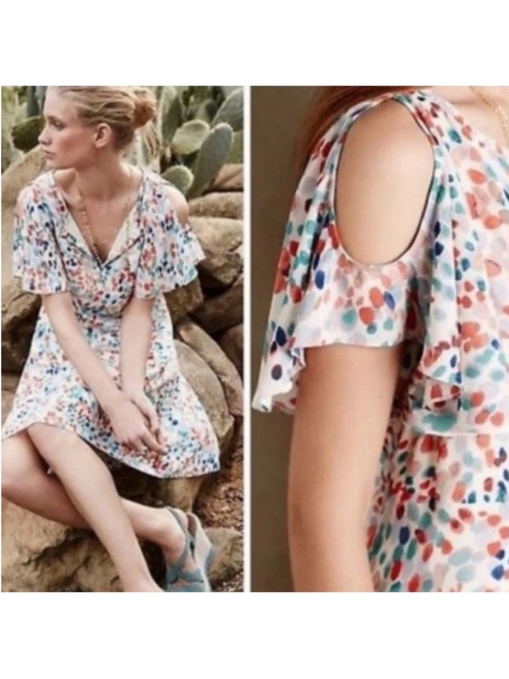 Anthropologie Maeve NWT Art Multicolor Dot Flutter Sleeve Ballet core Fem Dress